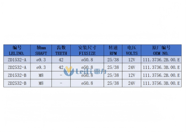 ZD2532 Windshield Wiper Motor Model Specifications
