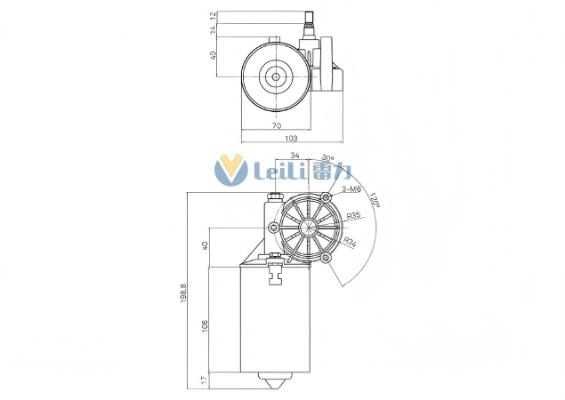 ZD2631R Windshield Wiper Motor 2D Drawing
