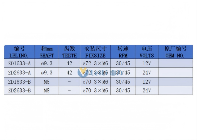 ZD2633 Wiper Motor Model Specifications