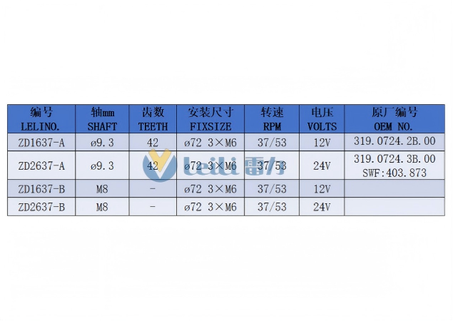 ZD2637 Windshield Wiper Motor Model Specifications